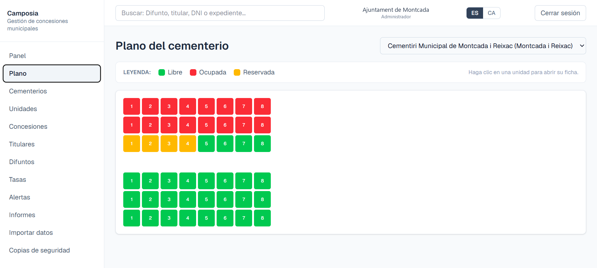 Plano interactivo de un cementerio en Camposia: cada unidad coloreada según su estado (libre, ocupada o reservada).